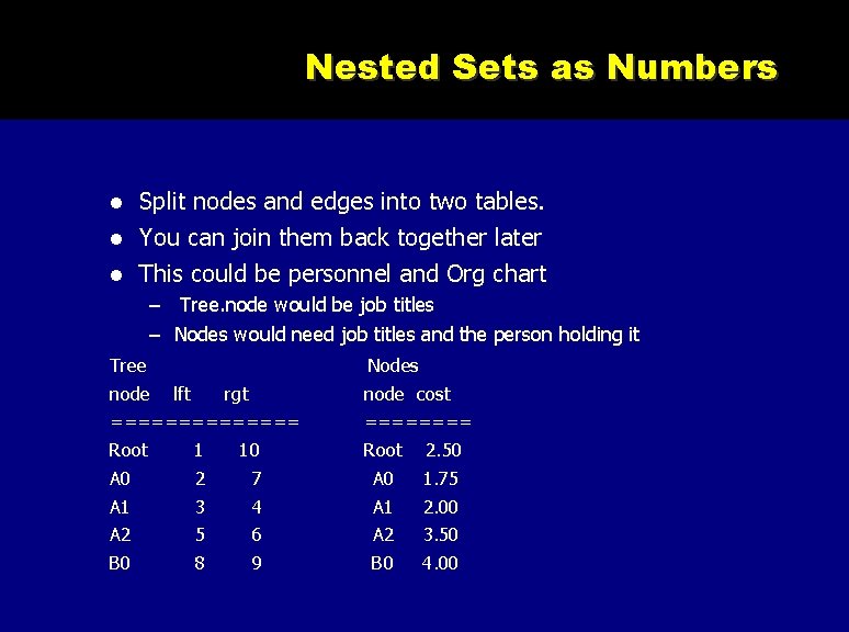 Nested Sets as Numbers Split nodes and edges into two tables. You can join