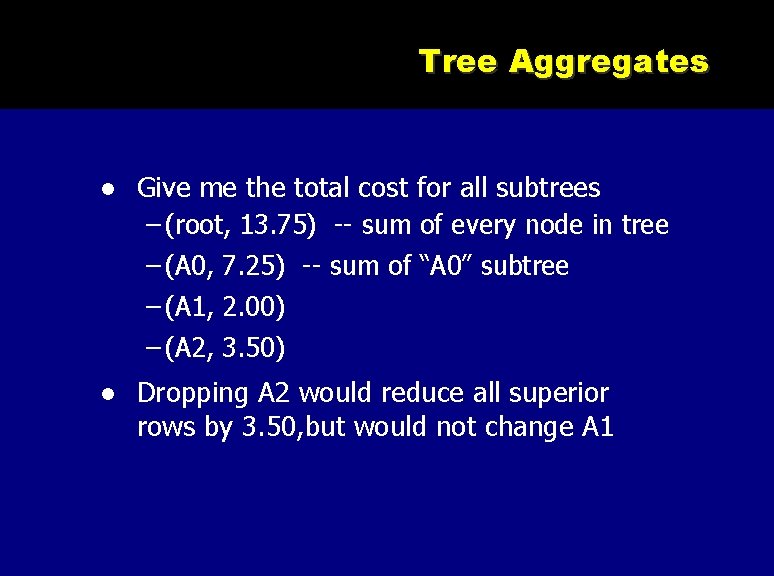 Tree Aggregates Give me the total cost for all subtrees – (root, 13. 75)