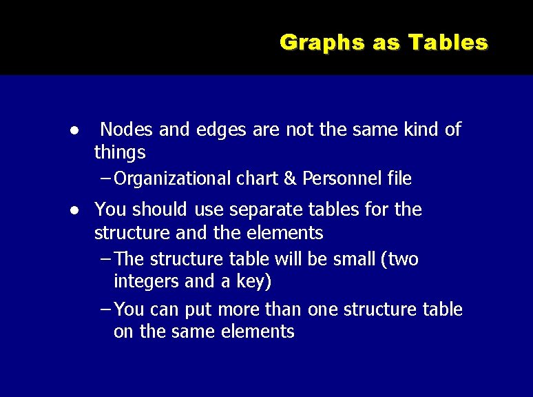 Graphs as Tables Nodes and edges are not the same kind of things –