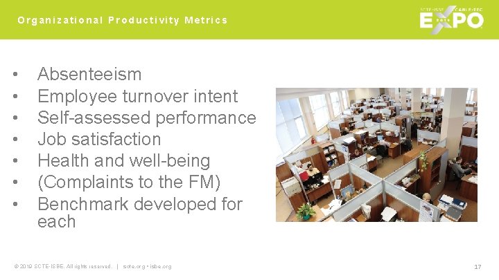 Organizational Productivity Metrics • • Absenteeism Employee turnover intent Self-assessed performance Job satisfaction Health