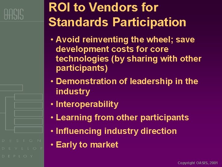 ROI to Vendors for Standards Participation • Avoid reinventing the wheel; save development costs