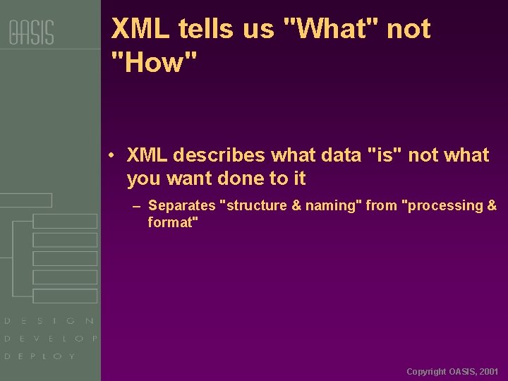 XML tells us "What" not "How" • XML describes what data "is" not what