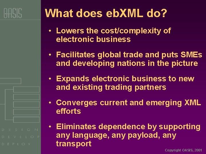 What does eb. XML do? • Lowers the cost/complexity of electronic business • Facilitates