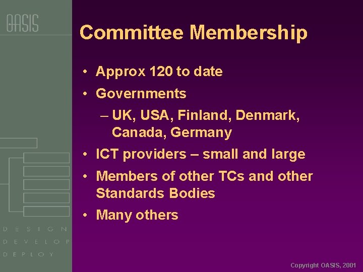 Committee Membership • Approx 120 to date • Governments – UK, USA, Finland, Denmark,