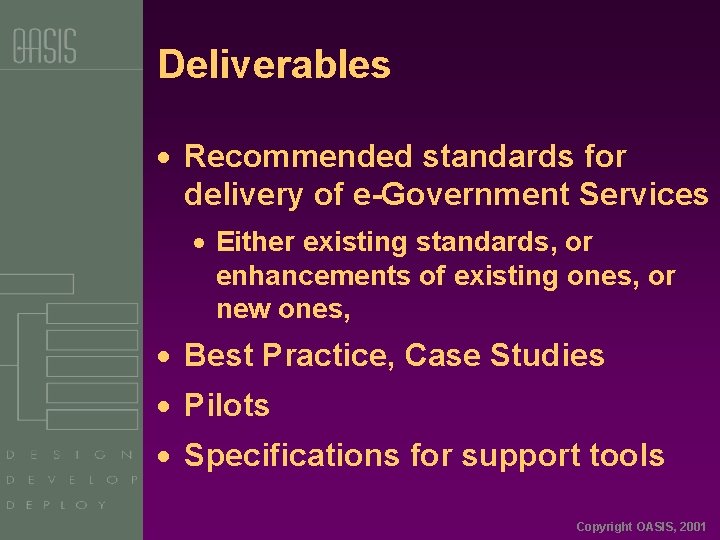 Deliverables · Recommended standards for delivery of e-Government Services · Either existing standards, or