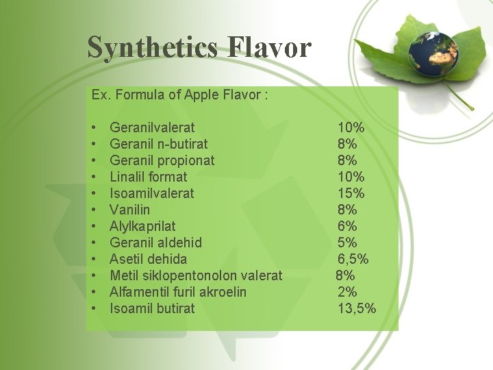 Synthetics Flavor Ex. Formula of Apple Flavor : • • • Geranilvalerat Geranil n-butirat