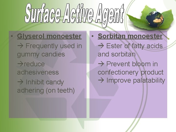  • Glyserol monoester Frequently used in gummy candies reduce adhesiveness Inhibit candy adhering