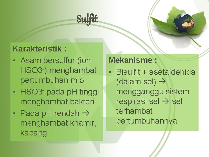 Sulfit Karakteristik : • Asam bersulfur (ion HSO 3 -) menghambat pertumbuhan m. o.