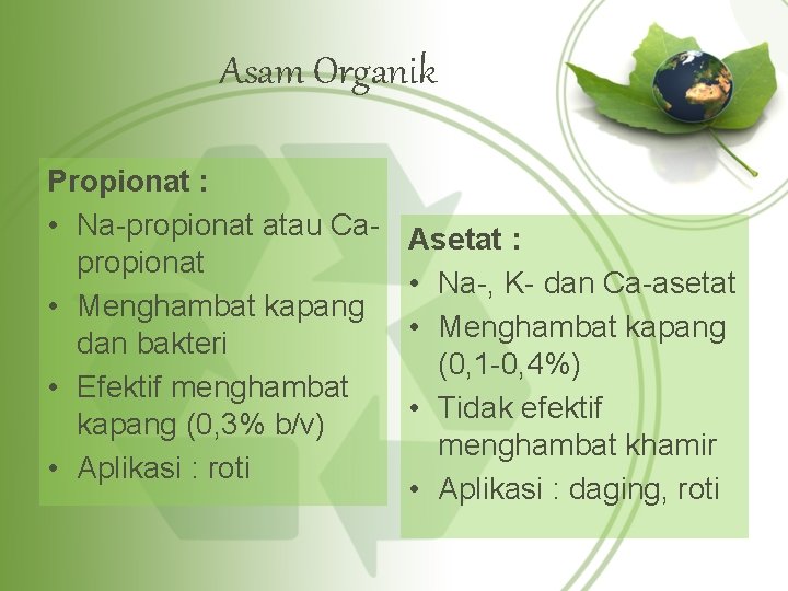 Asam Organik Propionat : • Na-propionat atau Capropionat • Menghambat kapang dan bakteri •
