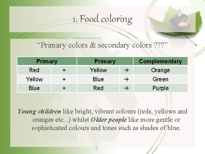 1. Food coloring “Primary colors & secondary colors ? ? ? ” Primary Complementary