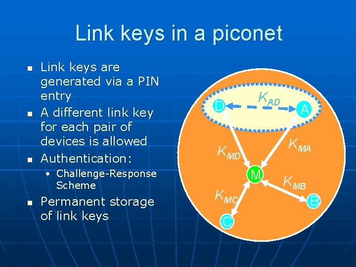 Link keys in a piconet n n n Link keys are generated via a