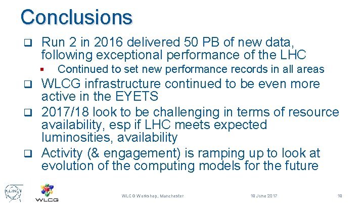 Conclusions q Run 2 in 2016 delivered 50 PB of new data, following exceptional