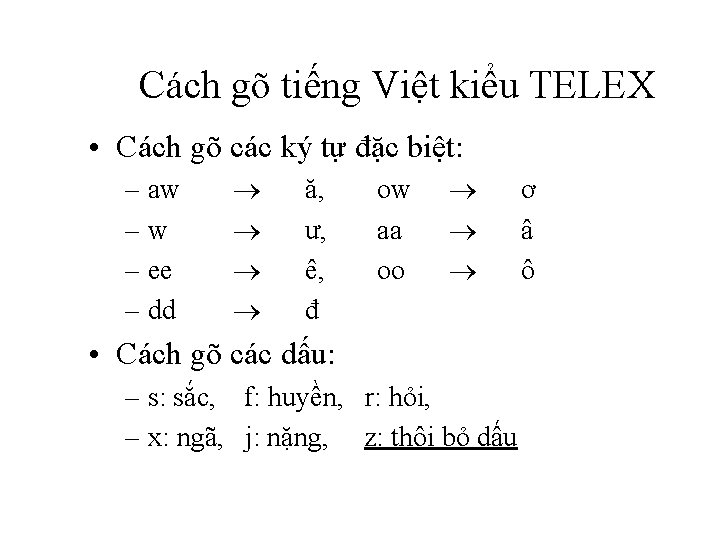 Cách gõ tiếng Việt kiểu TELEX • Cách gõ các ký tự đặc biệt:
