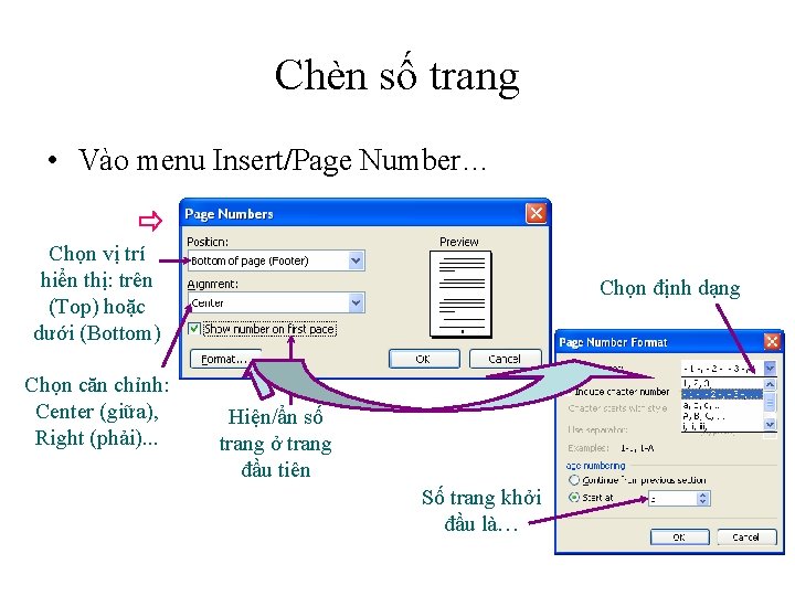 Chèn số trang • Vào menu Insert/Page Number… Chọn vị trí hiển thị: trên