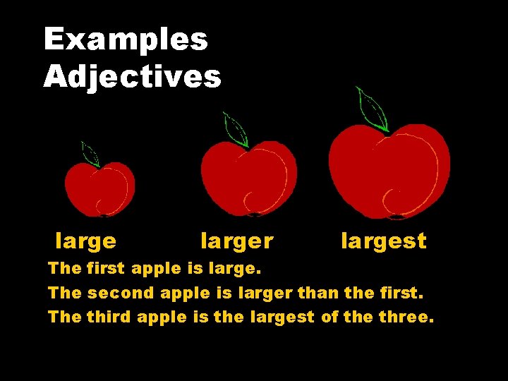 Examples Adjectives larger largest The first apple is large. The second apple is larger