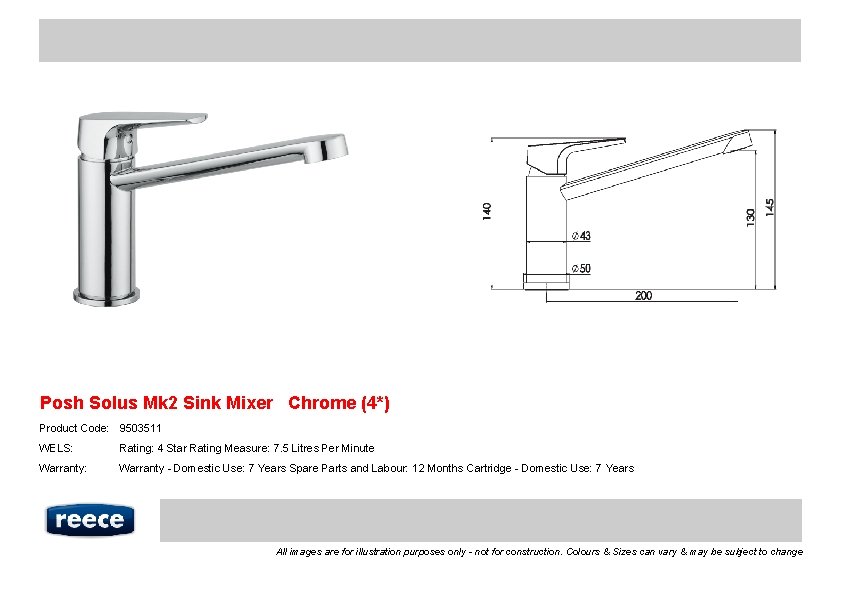 Posh Solus Mk 2 Sink Mixer Chrome (4*) Product Code: 9503511 WELS: Rating: 4