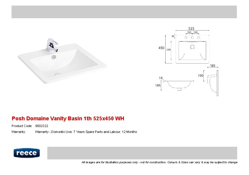 Posh Domaine Vanity Basin 1 th 525 x 450 WH Product Code: 9502322 Warranty: