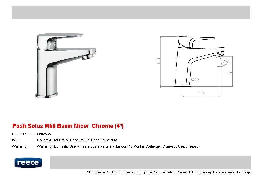 Posh Solus Mk. II Basin Mixer Chrome (4*) Product Code: 9502635 WELS: Rating: 4