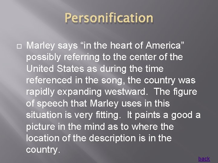 Personification Marley says “in the heart of America” possibly referring to the center of