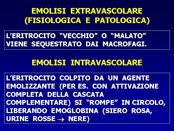 EMOLISI EXTRAVASCOLARE (FISIOLOGICA E PATOLOGICA) L’ERITROCITO “VECCHIO” O “MALATO” VIENE SEQUESTRATO DAI MACROFAGI. EMOLISI