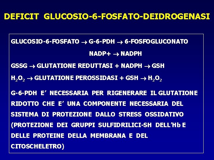 DEFICIT GLUCOSIO-6 -FOSFATO-DEIDROGENASI GLUCOSIO-6 -FOSFATO G-6 -PDH 6 -FOSFOGLUCONATO NADP+ NADPH GSSG GLUTATIONE REDUTTASI