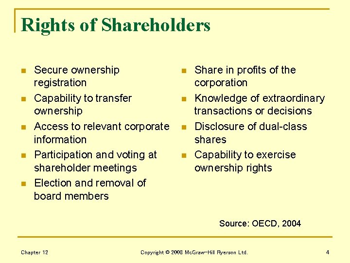 Rights of Shareholders n n n Secure ownership registration Capability to transfer ownership Access