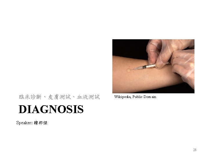 臨床診斷、皮膚測試、血液測試 Wikipedia, Public Domain DIAGNOSIS Speaker: 韓邦傑 28 