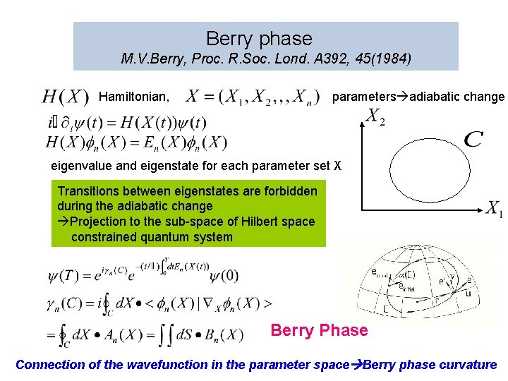 Berry phase　 M. V. Berry, Proc. R. Soc. Lond. A 392, 45(1984) parameters adiabatic