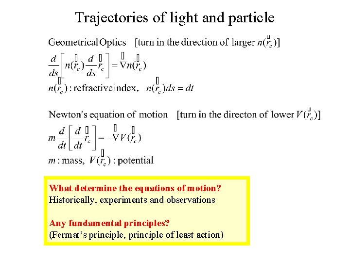 Trajectories of light and particle What determine the equations of motion? Historically, experiments and