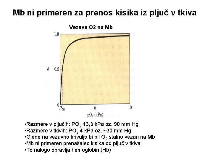 Mb ni primeren za prenos kisika iz pljuč v tkiva Vezava O 2 na