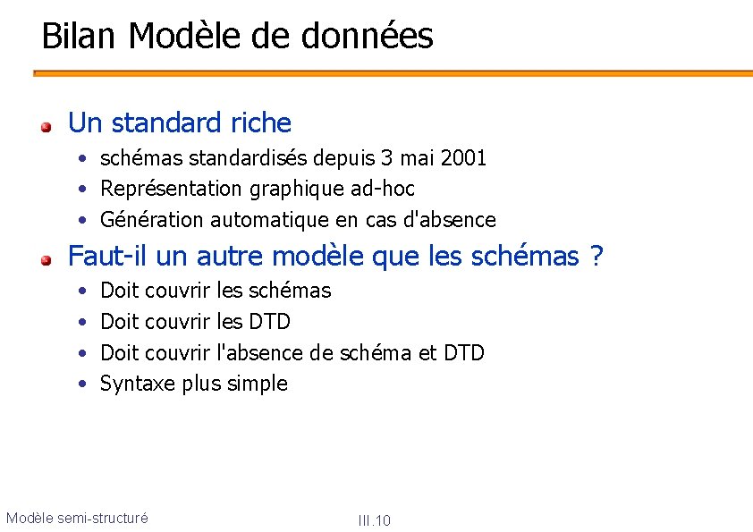 Bilan Modèle de données Un standard riche • schémas standardisés depuis 3 mai 2001