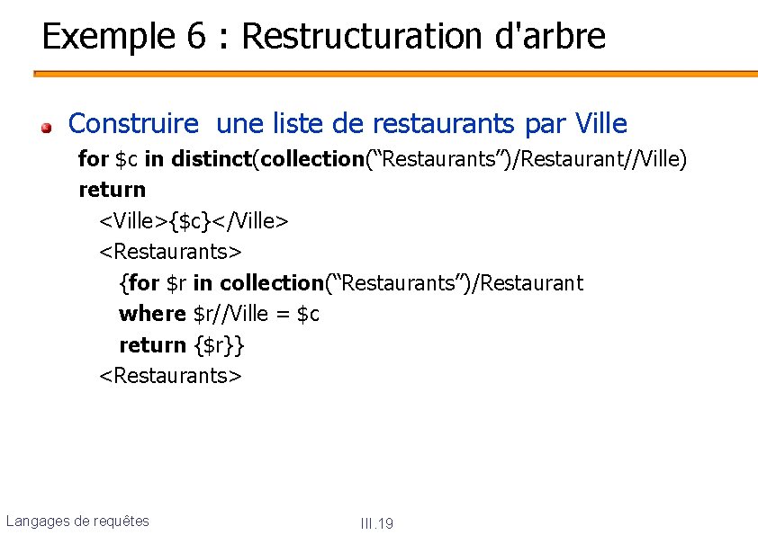 Exemple 6 : Restructuration d'arbre Construire une liste de restaurants par Ville for $c
