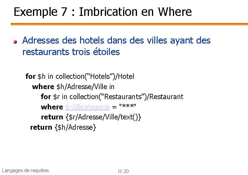 Exemple 7 : Imbrication en Where Adresses des hotels dans des villes ayant des