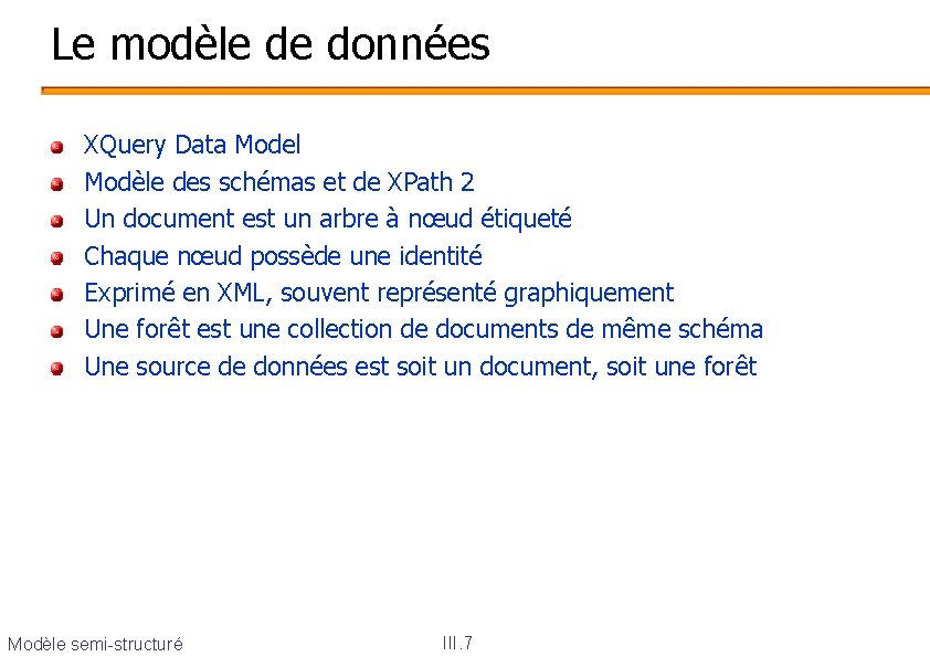 Le modèle de données XQuery Data Model Modèle des schémas et de XPath 2
