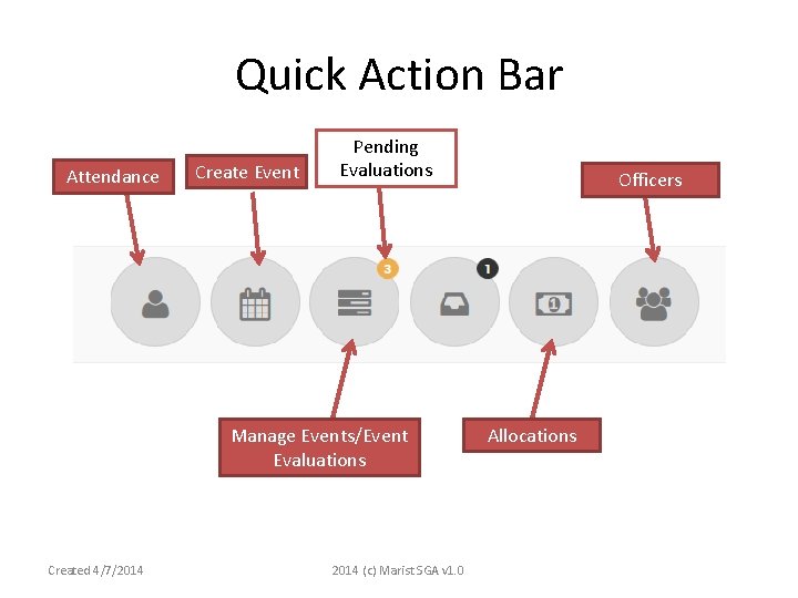 Quick Action Bar Attendance Create Event Pending Evaluations Manage Events/Event Evaluations Created 4/7/2014 (c)
