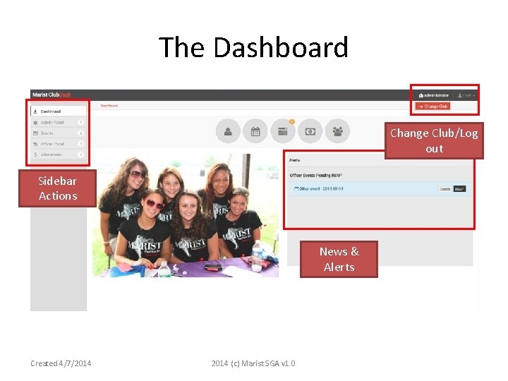 The Dashboard Change Club/Log out Sidebar Actions News & Alerts Created 4/7/2014 (c) Marist