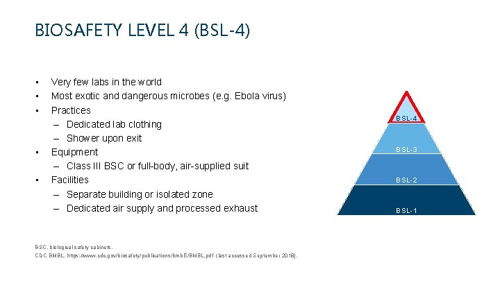 BIOSAFETY LEVEL 4 (BSL-4) • • • Very few labs in the world Most