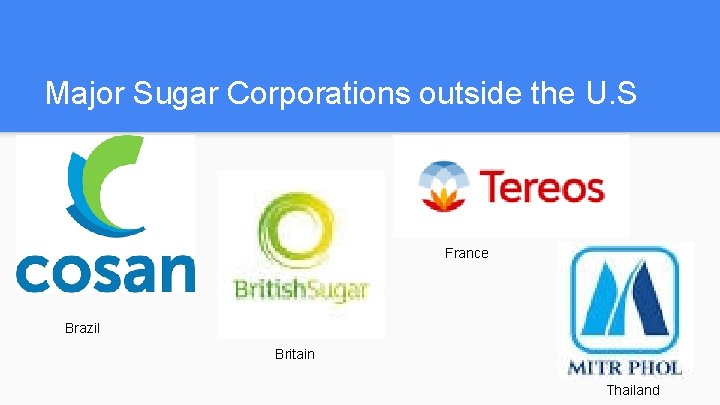 Major Sugar Corporations outside the U. S France Brazil Britain Thailand 