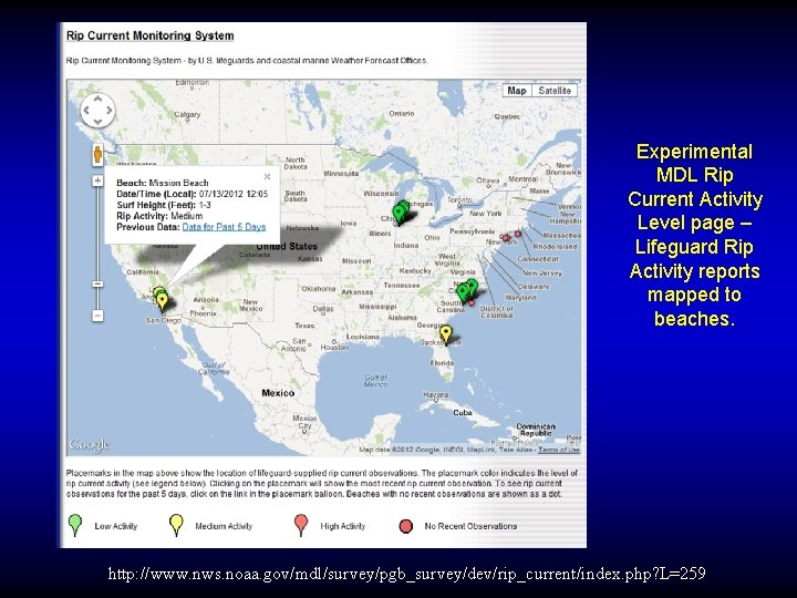 Experimental MDL Rip Current Activity Level page – Lifeguard Rip Activity reports mapped to