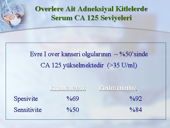 Overlere Ait Adneksiyal Kitlelerde Serum CA 125 Seviyeleri Evre I over kanseri olgularının ~