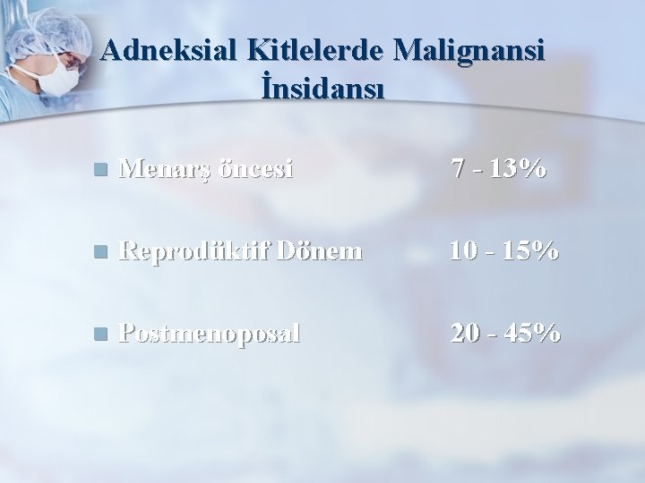 Adneksial Kitlelerde Malignansi İnsidansı n Menarş öncesi 7 - 13% n Reprodüktif Dönem 10