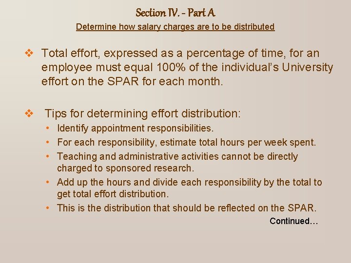 Section IV. - Part A Determine how salary charges are to be distributed v