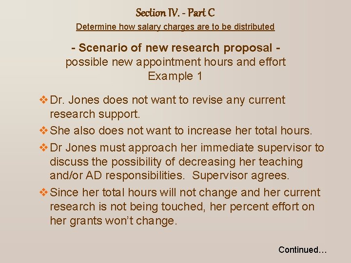 Section IV. - Part C Determine how salary charges are to be distributed -