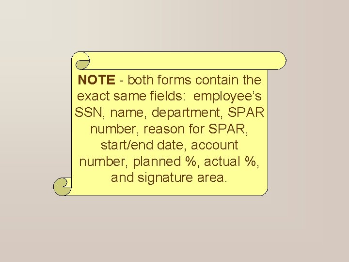 NOTE - both forms contain the exact same fields: employee’s SSN, name, department, SPAR