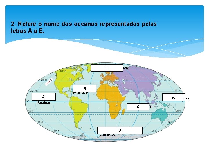 2. Refere o nome dos oceanos representados pelas letras A a E. Oceano E