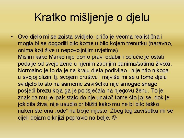 Kratko mišljenje o djelu • Ovo djelo mi se zaista svidjelo, priča je veoma
