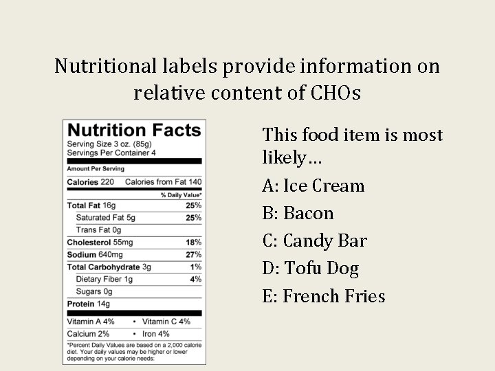 Nutritional labels provide information on relative content of CHOs This food item is most