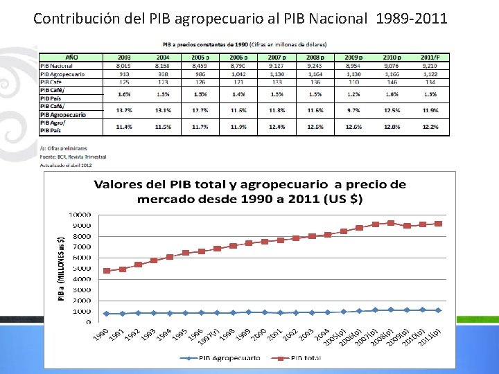 Contribución del PIB agropecuario al PIB Nacional 1989 -2011 