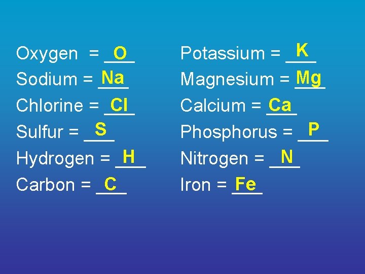 O Oxygen = ___ Na Sodium = ___ Cl Chlorine = ___ S Sulfur