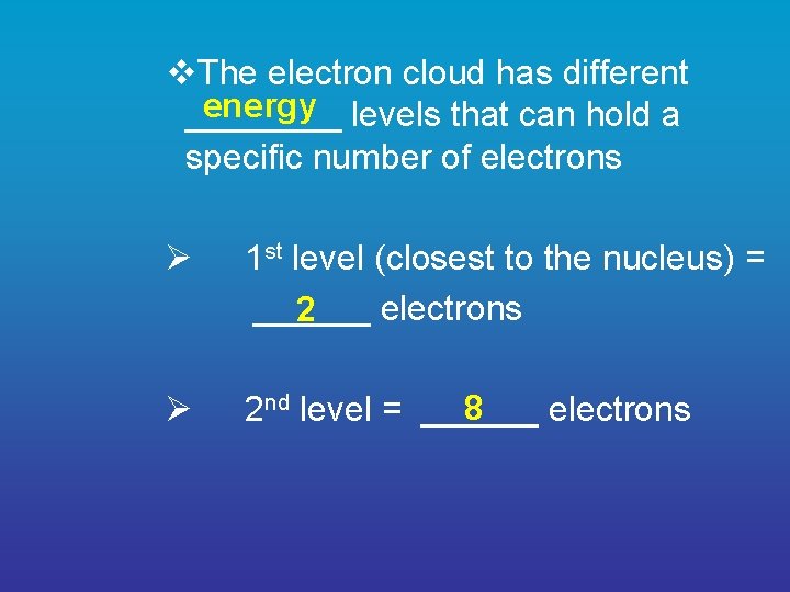 v. The electron cloud has different energy levels that can hold a ____ specific